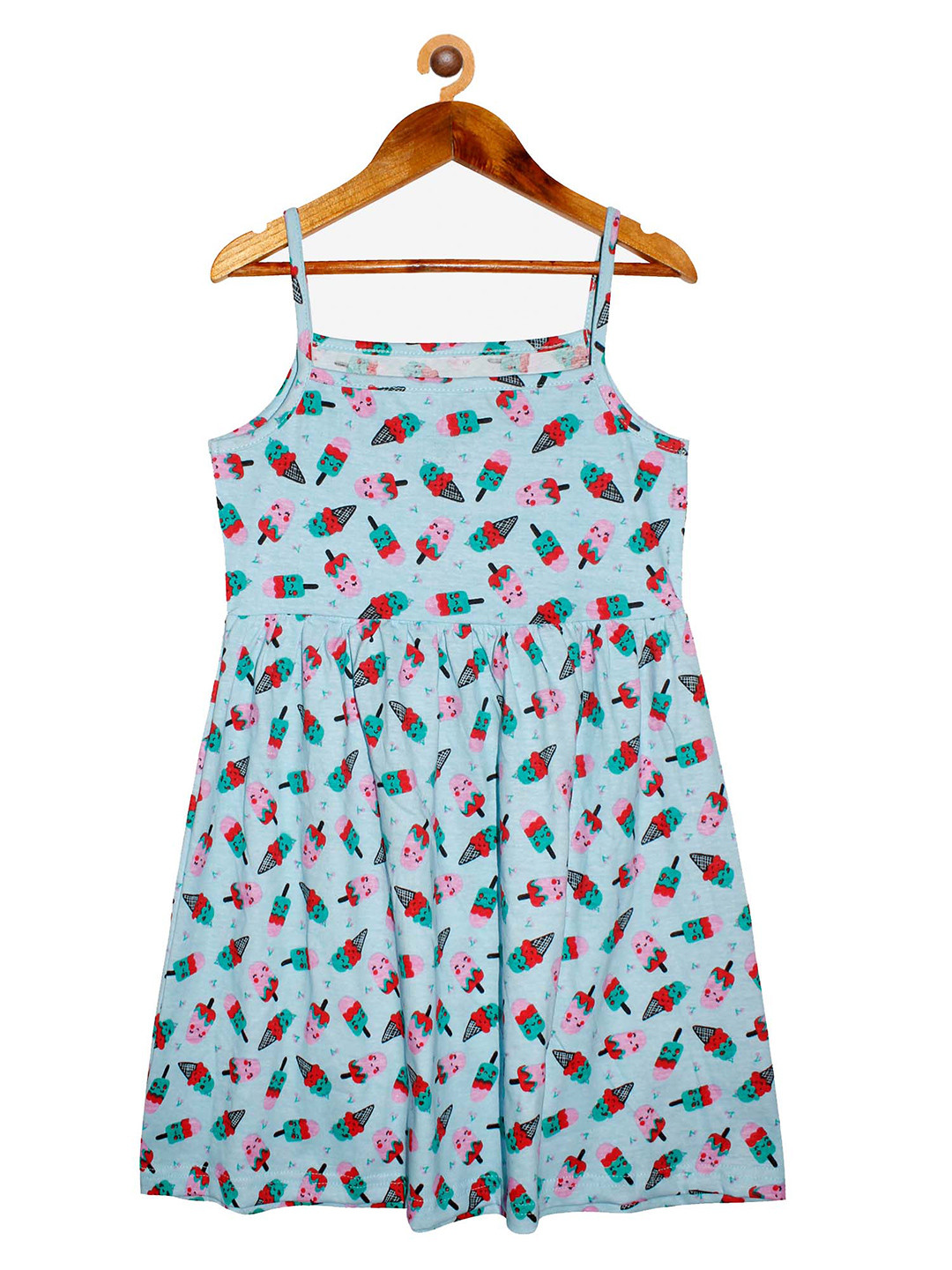 

KiddoPanti Girls Turquoise Blue Printed Shoulder Strap Pure Cotton Dress