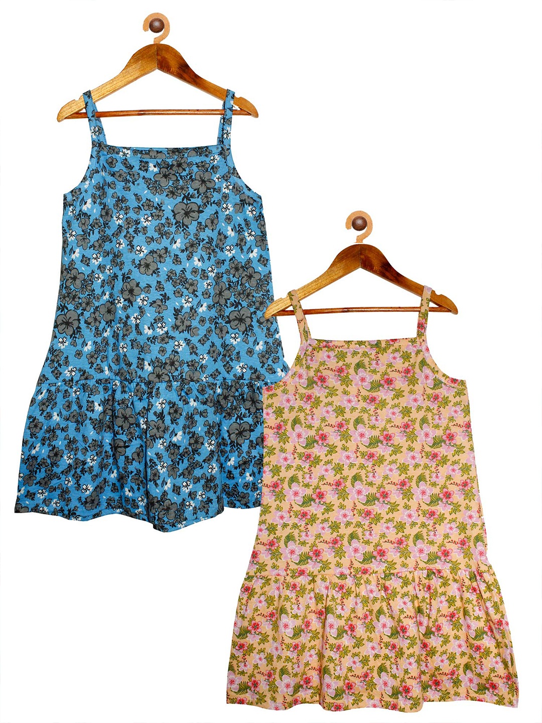 

KiddoPanti Pack of 2 Girls Blue & Peach-Coloured Floral Cotton Drop-Waist Dress