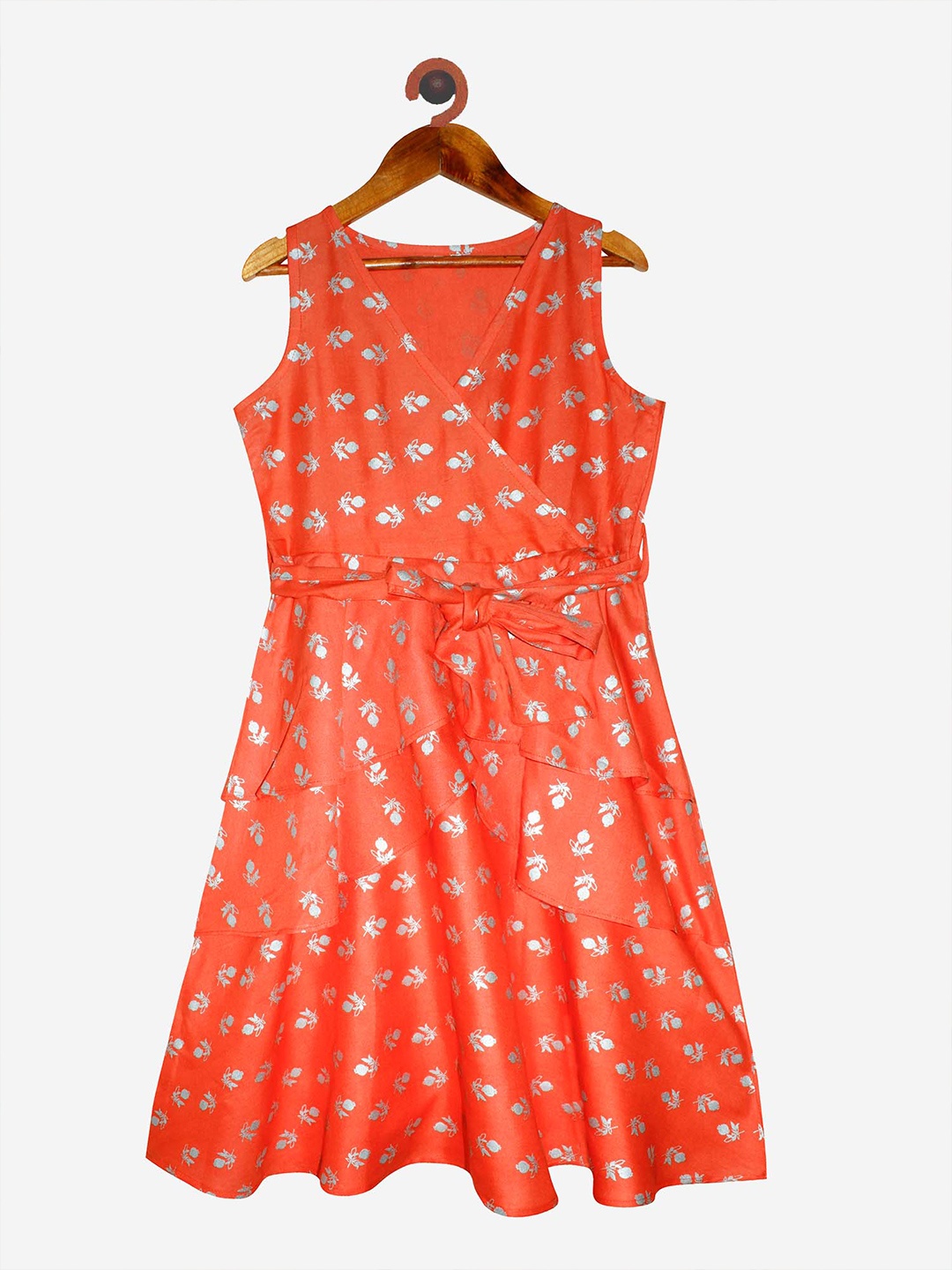 

KiddoPanti Girls Coral Red Ethnic Motifs Layered Ethnic Dress