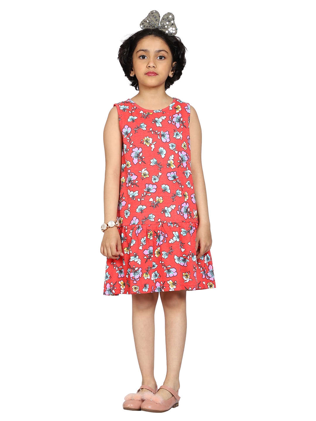 

KiddoPanti Girls Red & White Floral Cotton Drop-Waist Dress