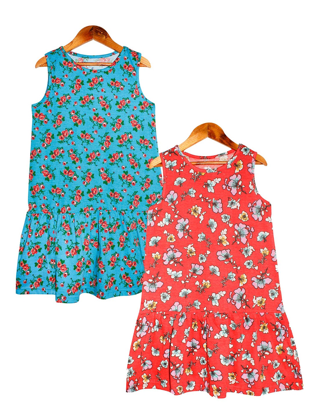 

KiddoPanti Pack of 2 Girls Red & Turquoise Blue Floral Cotton Drop-Waist Dress