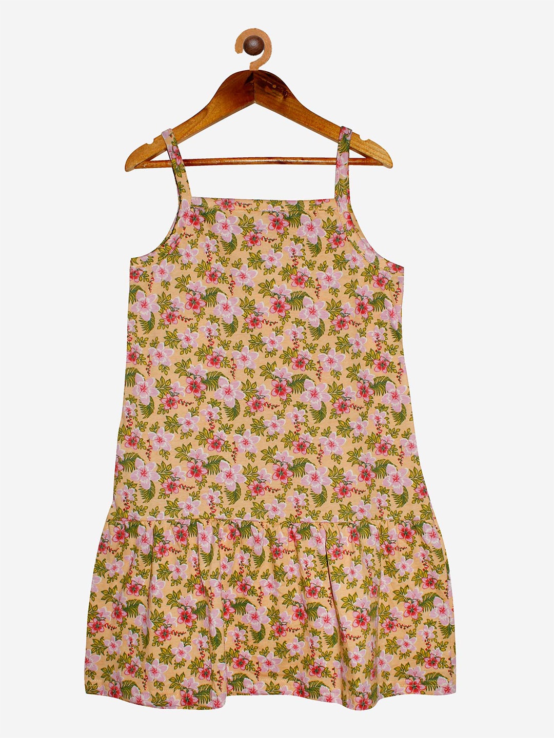 

KiddoPanti Peach-Coloured Floral Pure Cotton Drop-Waist Dress