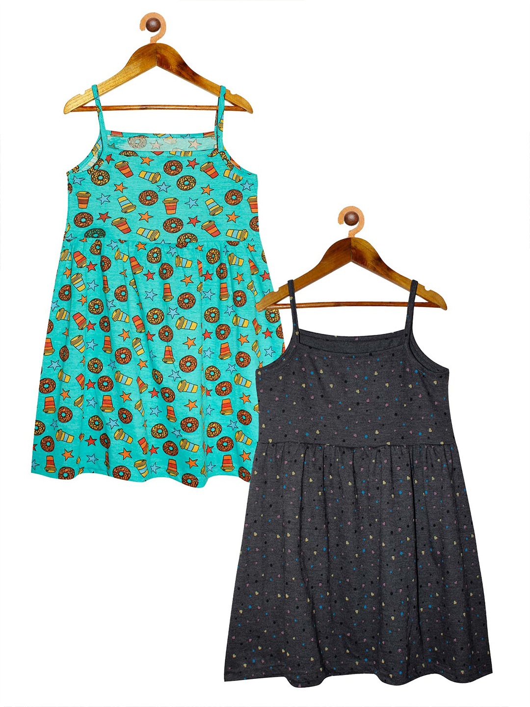 

KiddoPanti Pack of 2 Girls Turquoise Blue & Charcoal Grey Printed Cotton Dress