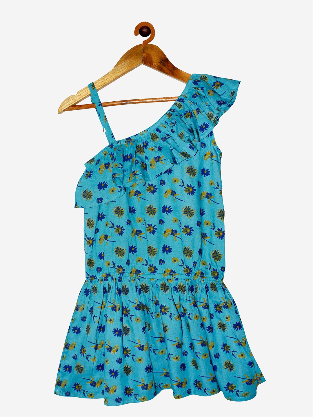 

KiddoPanti Blue Floral One Shoulder A-Line Dress With Frill Detail