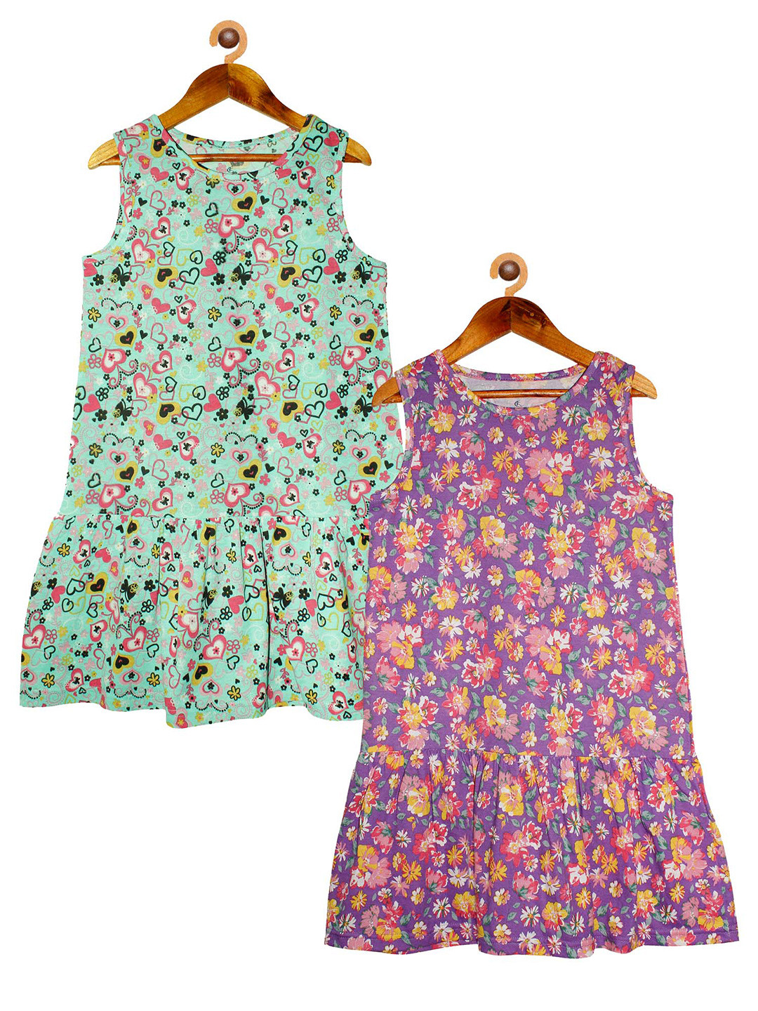 

KiddoPanti Pack of 2 Girls Mint Green & Purple Printed Cotton Drop-Waist Dress