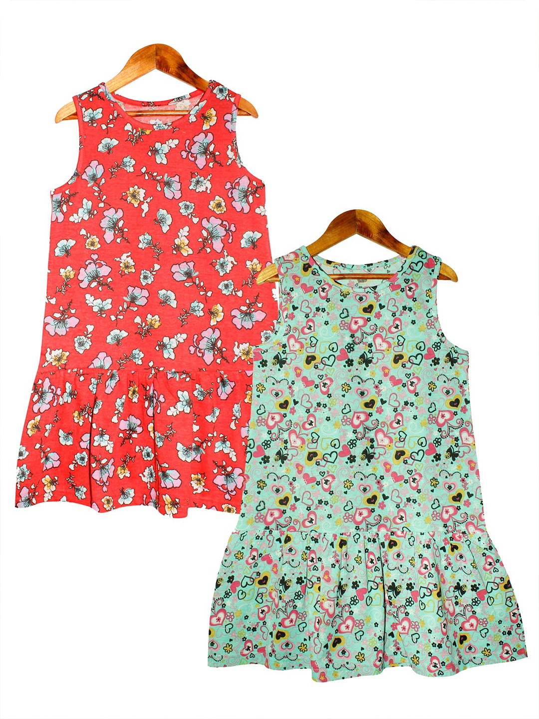 

KiddoPanti Pack of 2 Girls Red & Mint Green Floral Cotton Drop-Waist Dress