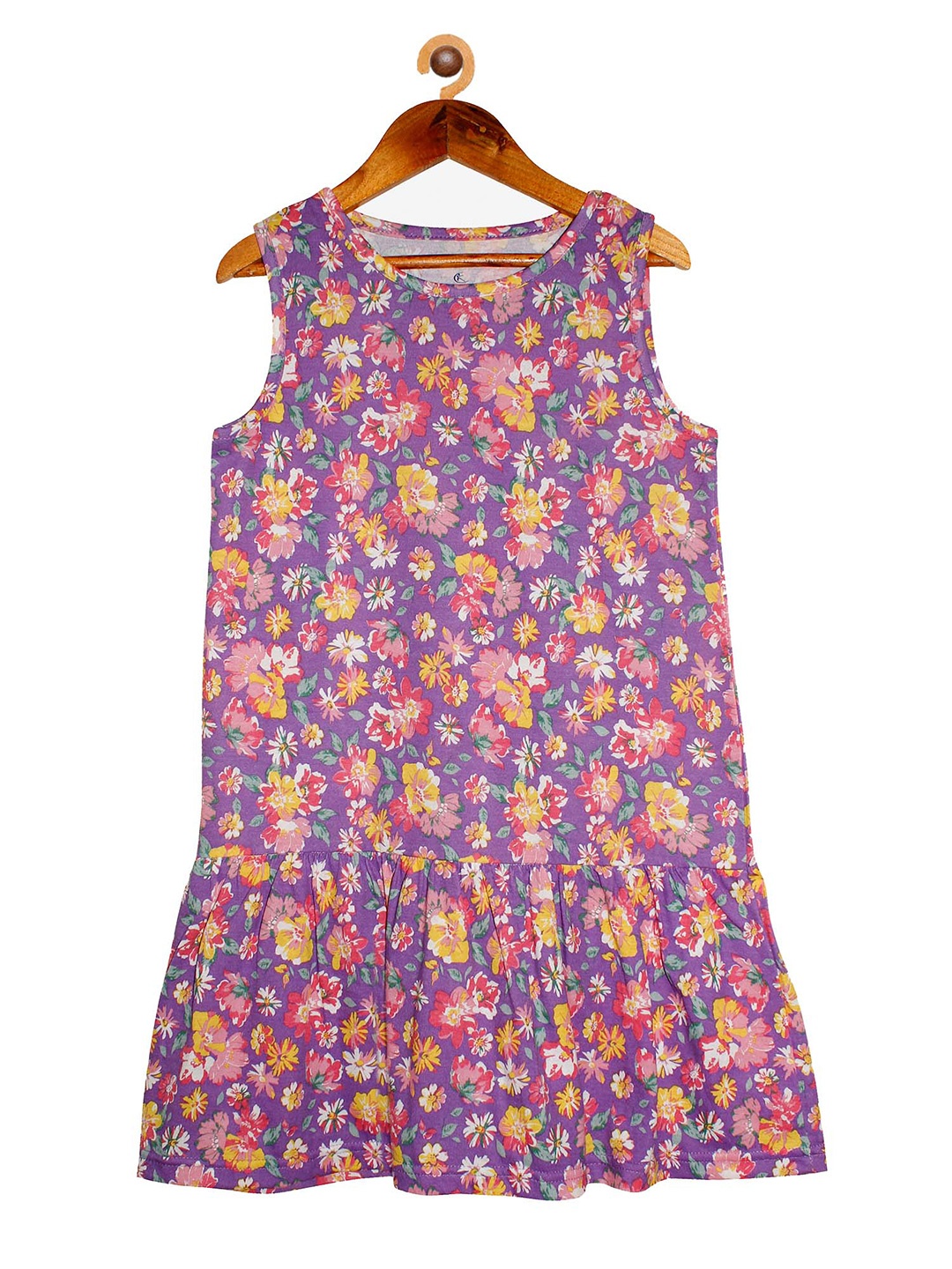 

KiddoPanti Girls Purple Floral Cotton Drop-Waist Dress