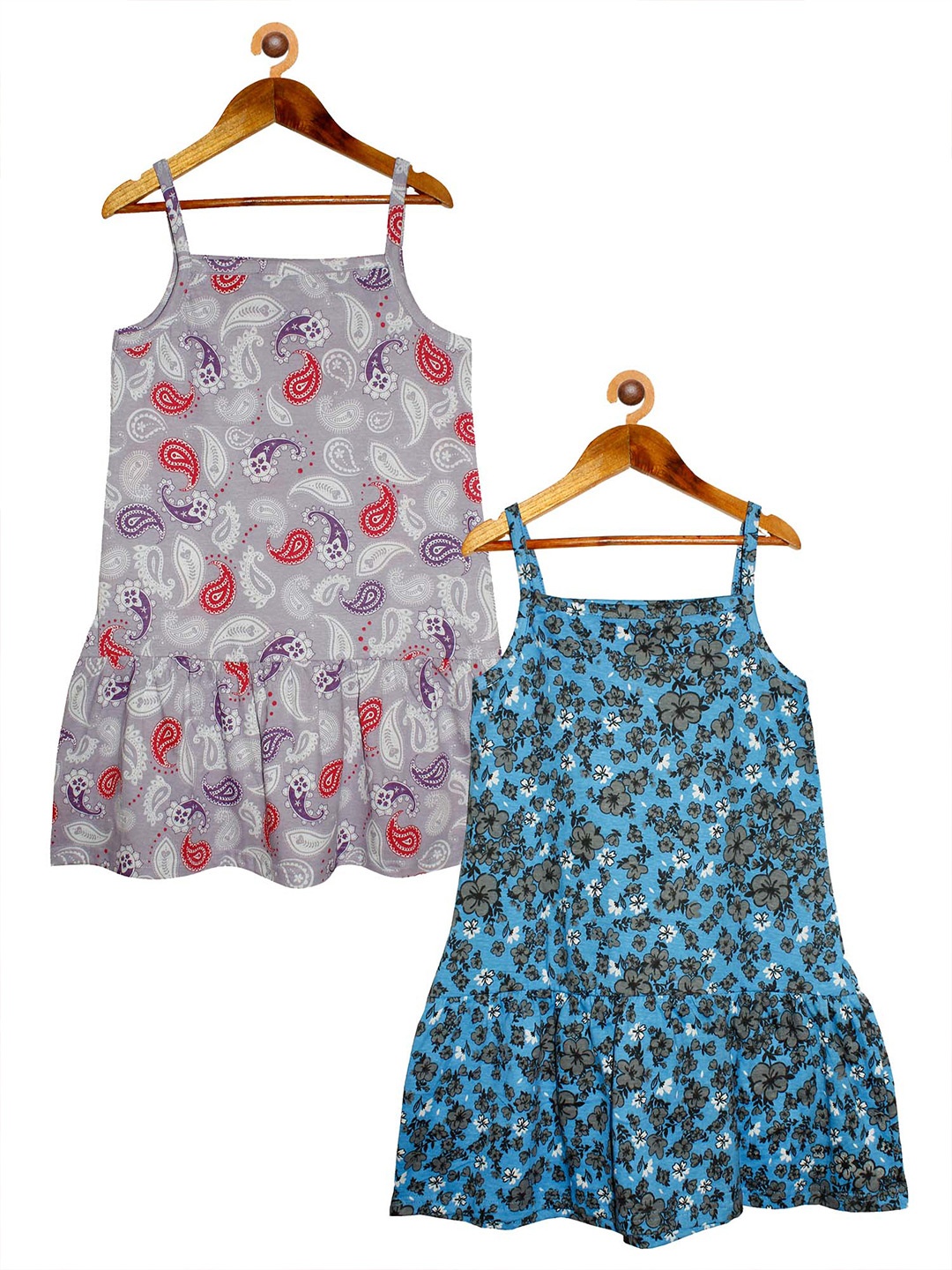

KiddoPanti Pack of 2 Girls Turquoise Blue & Violet Floral Cotton A-Line Dress