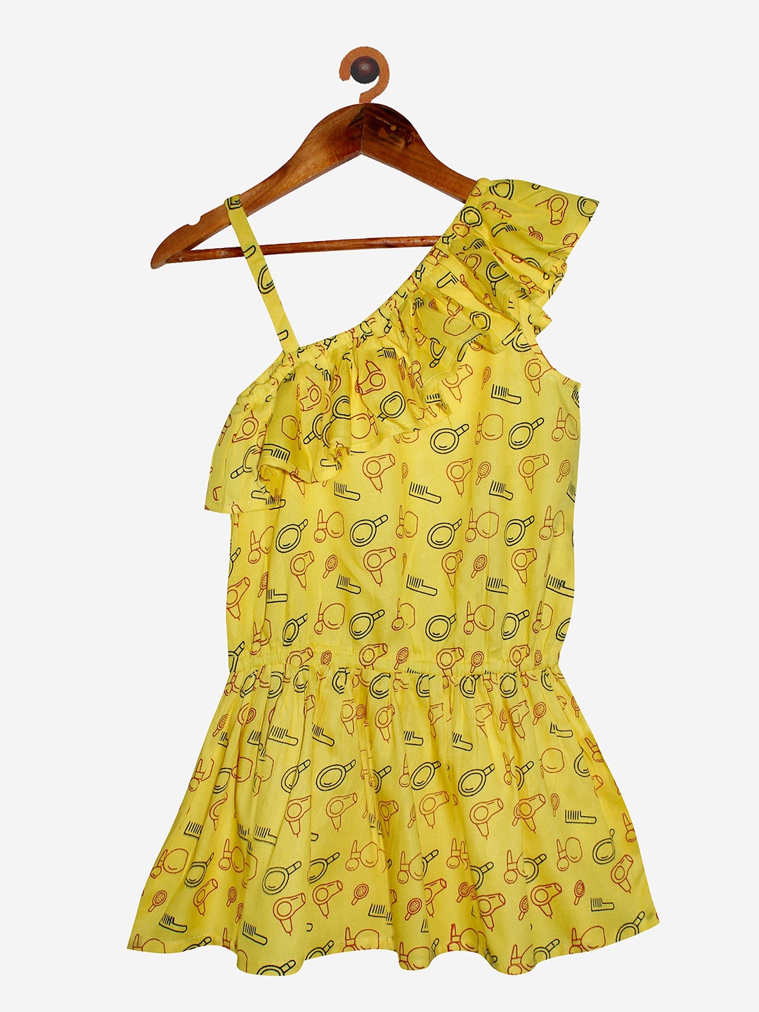 

KiddoPanti Girls Yellow Printed One Shoulder Drop-Waist Dress