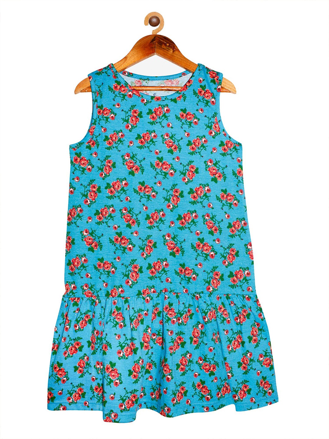 

KiddoPanti Girls Turquoise Blue & Green Floral Cotton Drop-Waist Dress