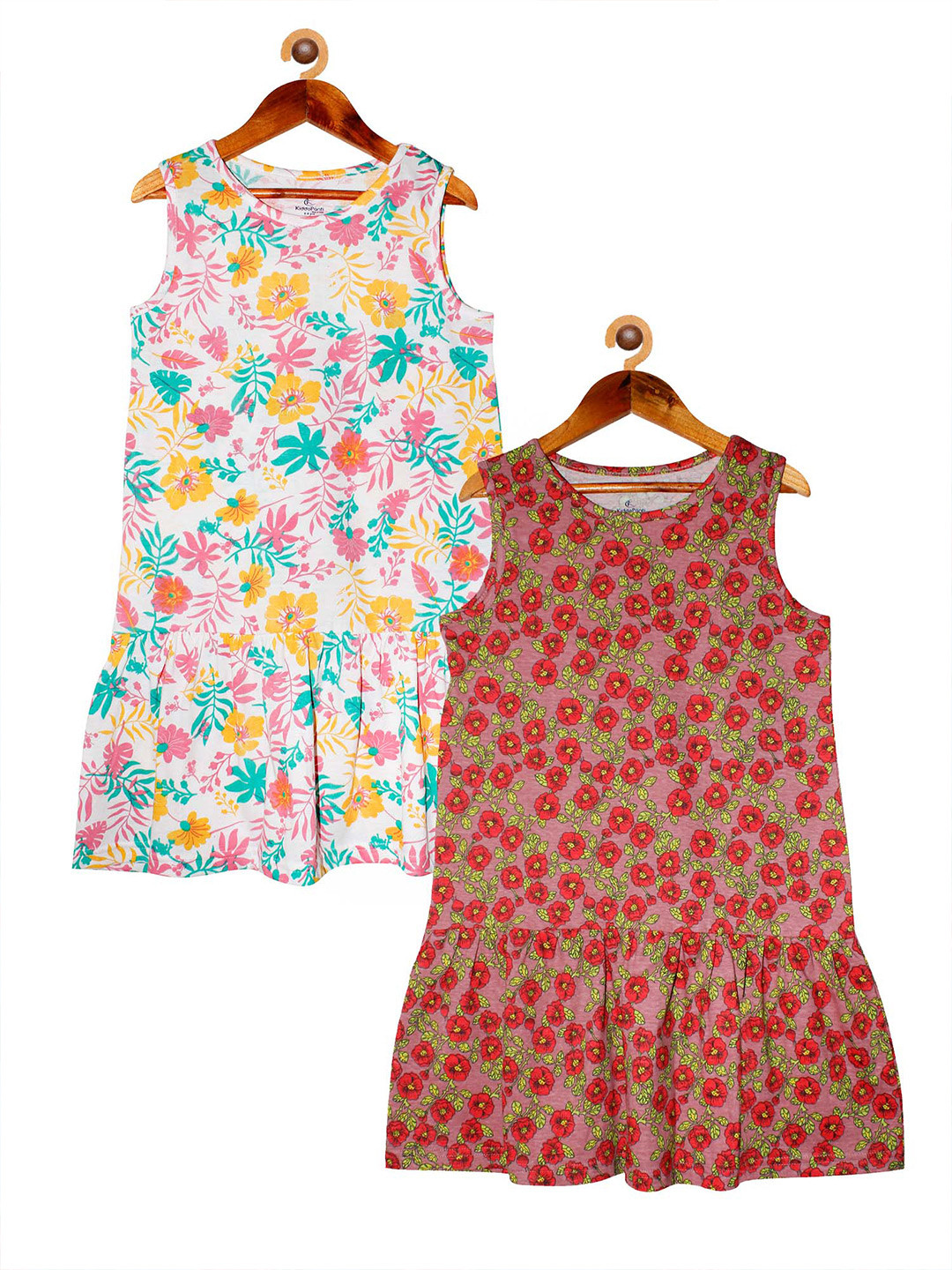 

KiddoPanti Pack of 2 Girls Rose & White Floral Cotton Drop-Waist Dress