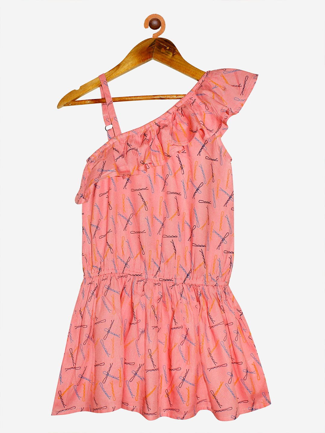 

KiddoPanti Girls Pink Printed One Shoulder Drop-Waist Dress