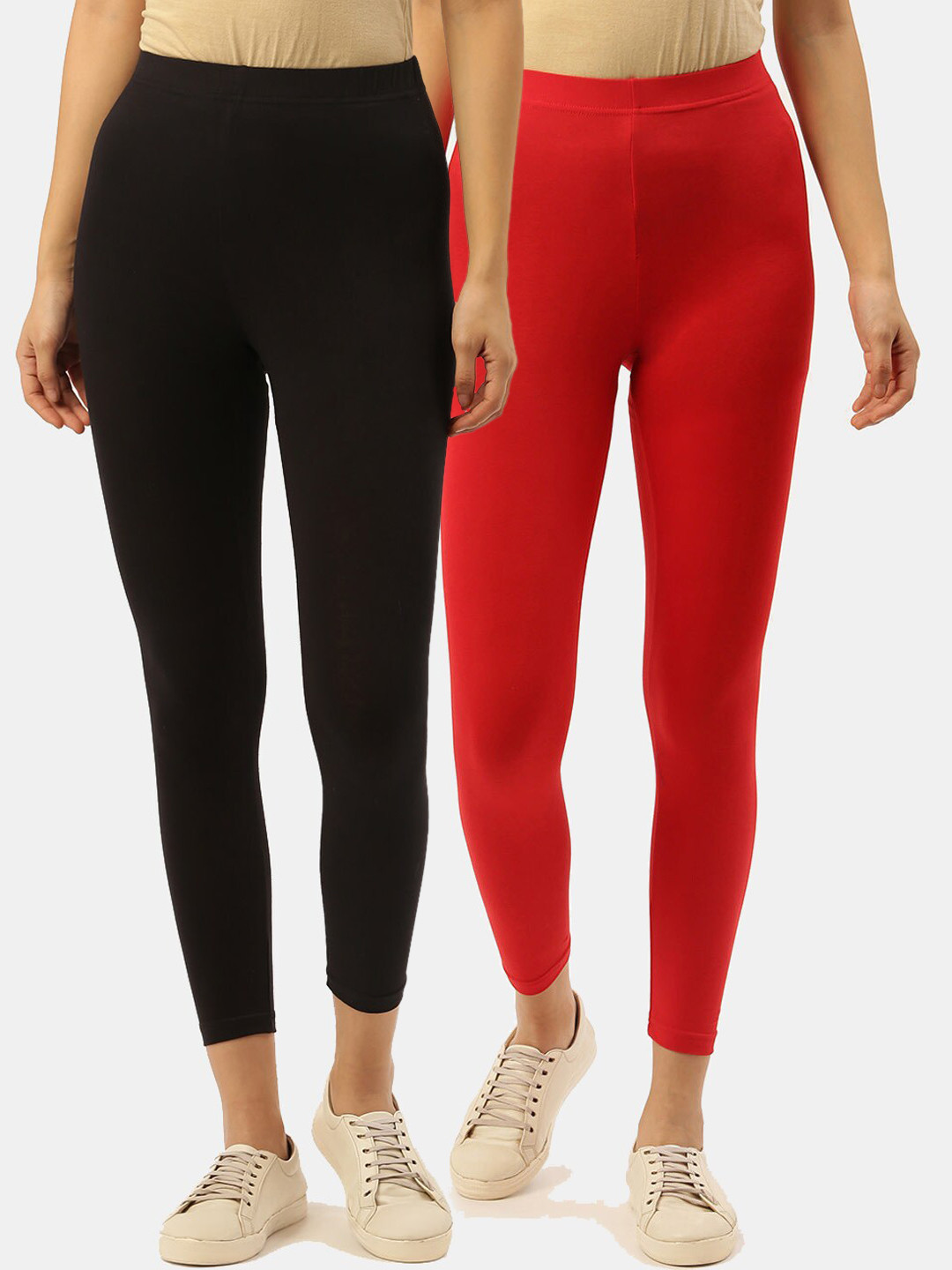 

Leading Lady Women Pack Of 2 Solid Pure Cotton Ankle-Length Leggings, Black
