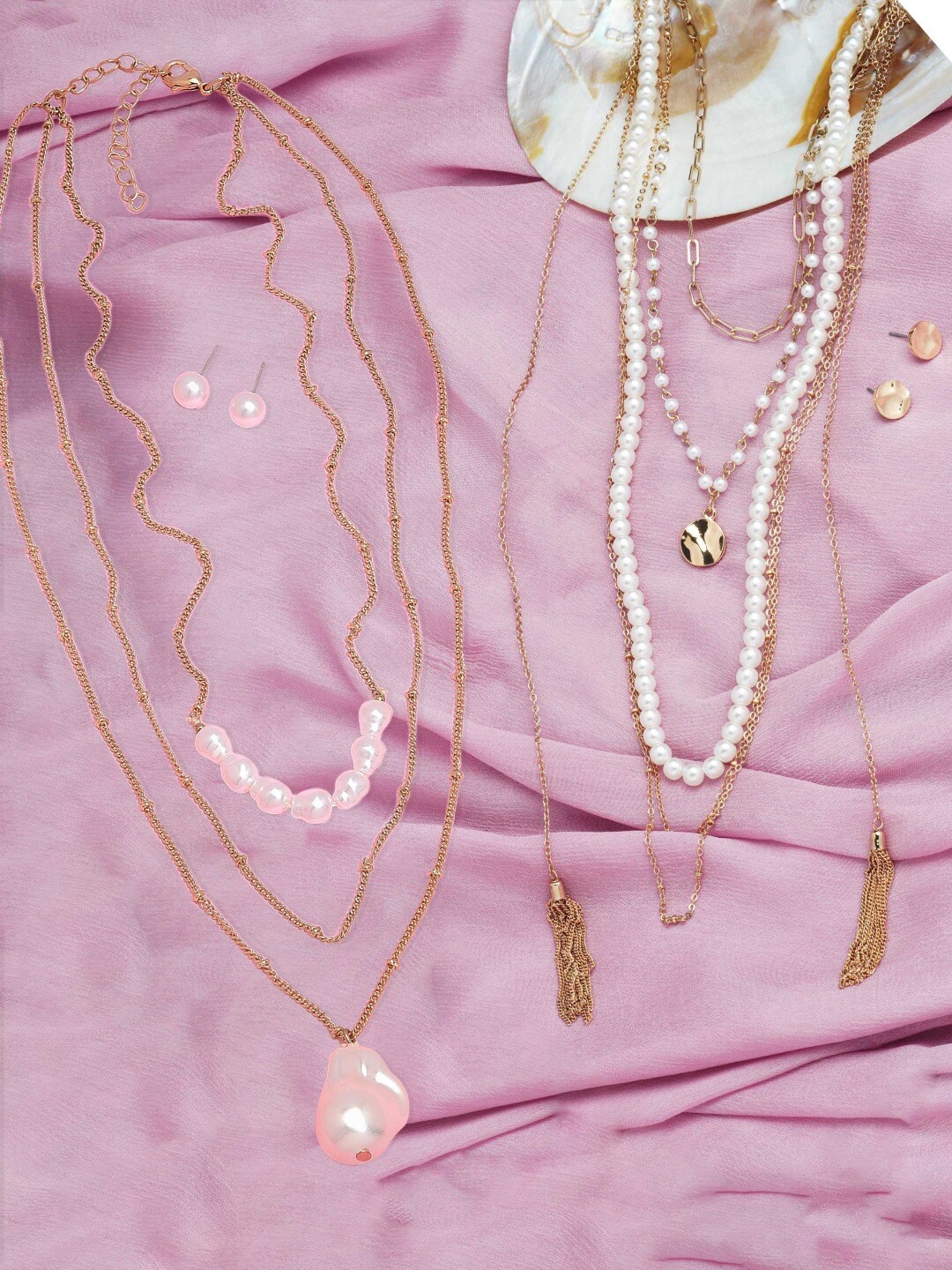 

AMI Gold-Toned & White Gold-Plated Set of 2 Layered Chain with Stud Earrings