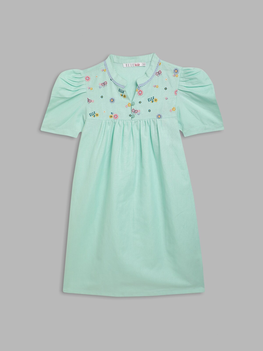 

ELLE Girls Sea Green Embroidered Detail Puff Sleeves A-Line Dress