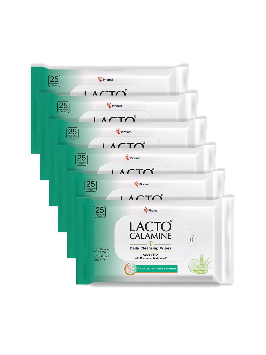 

Lacto Calamine Set of 6 Daily Cleansing Wipes with Aloe Vera & Cucumber - 25 Wipes Each, Green