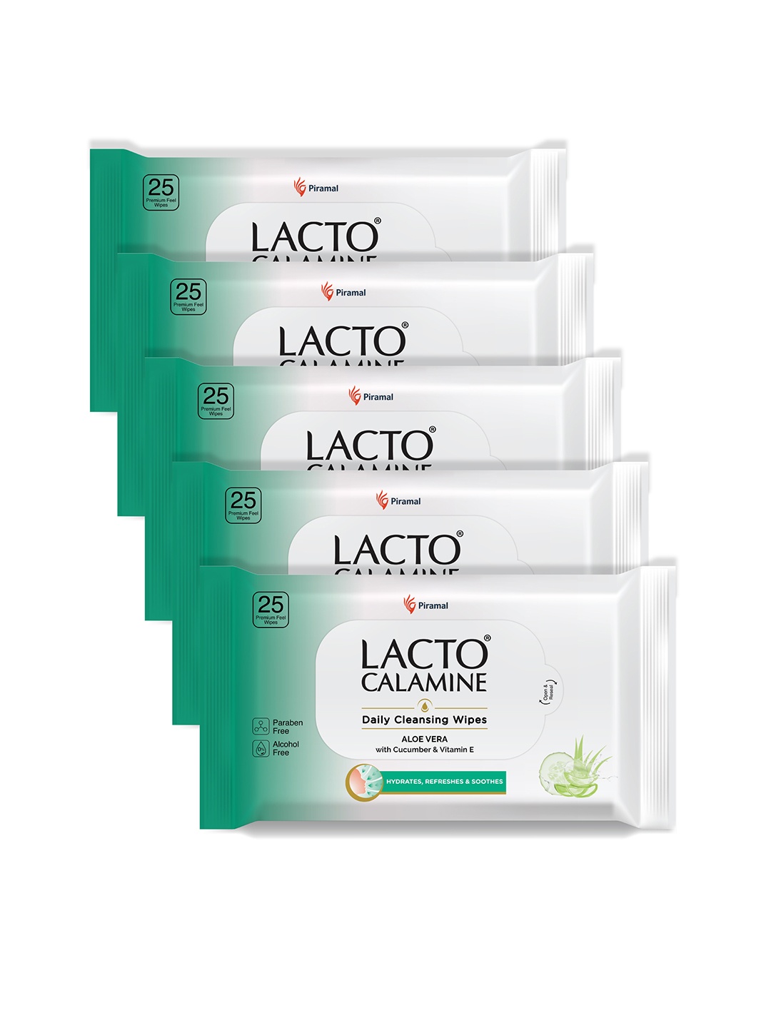 

Lacto Calamine Set of 5 Daily Cleansing Wipes with Aloe Vera & Cucumber - 25 Wipes Each, Green