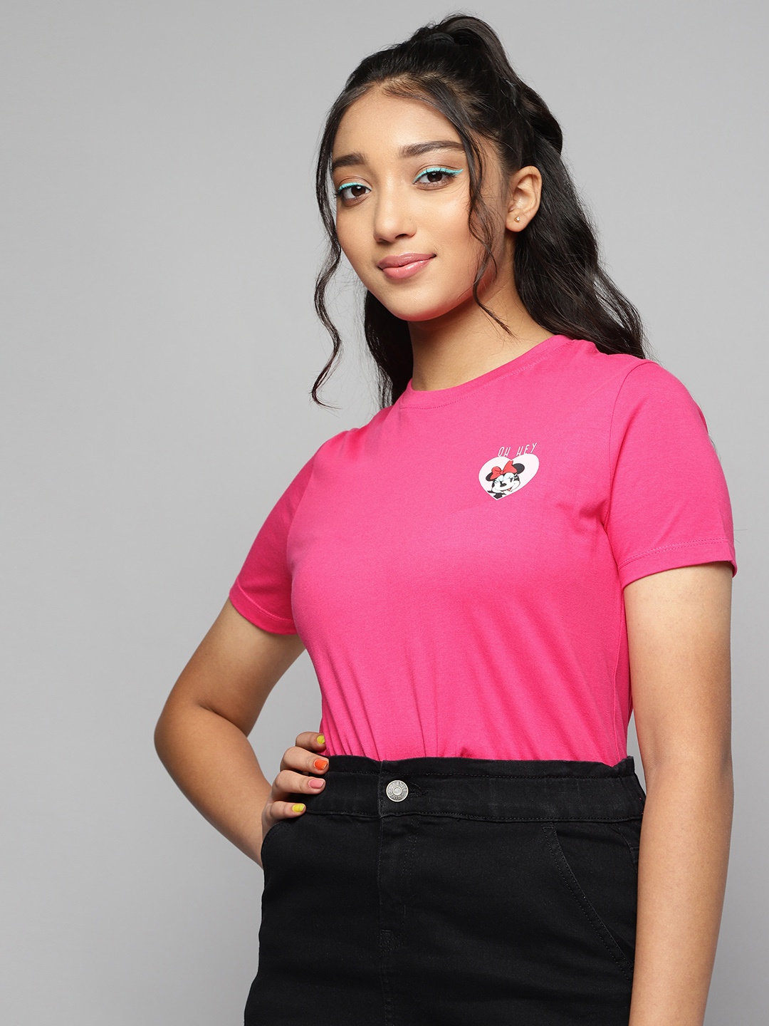

Kook N Keech Disney Teens Girls Pink Solid Round Neck Minnie Mouse Pure Cotton T-shirt