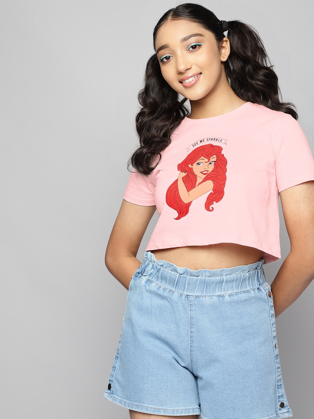 

Kook N Keech Disney Teens Girls Pink & Red Ariel Printed Pure Cotton Cropped T-shirt