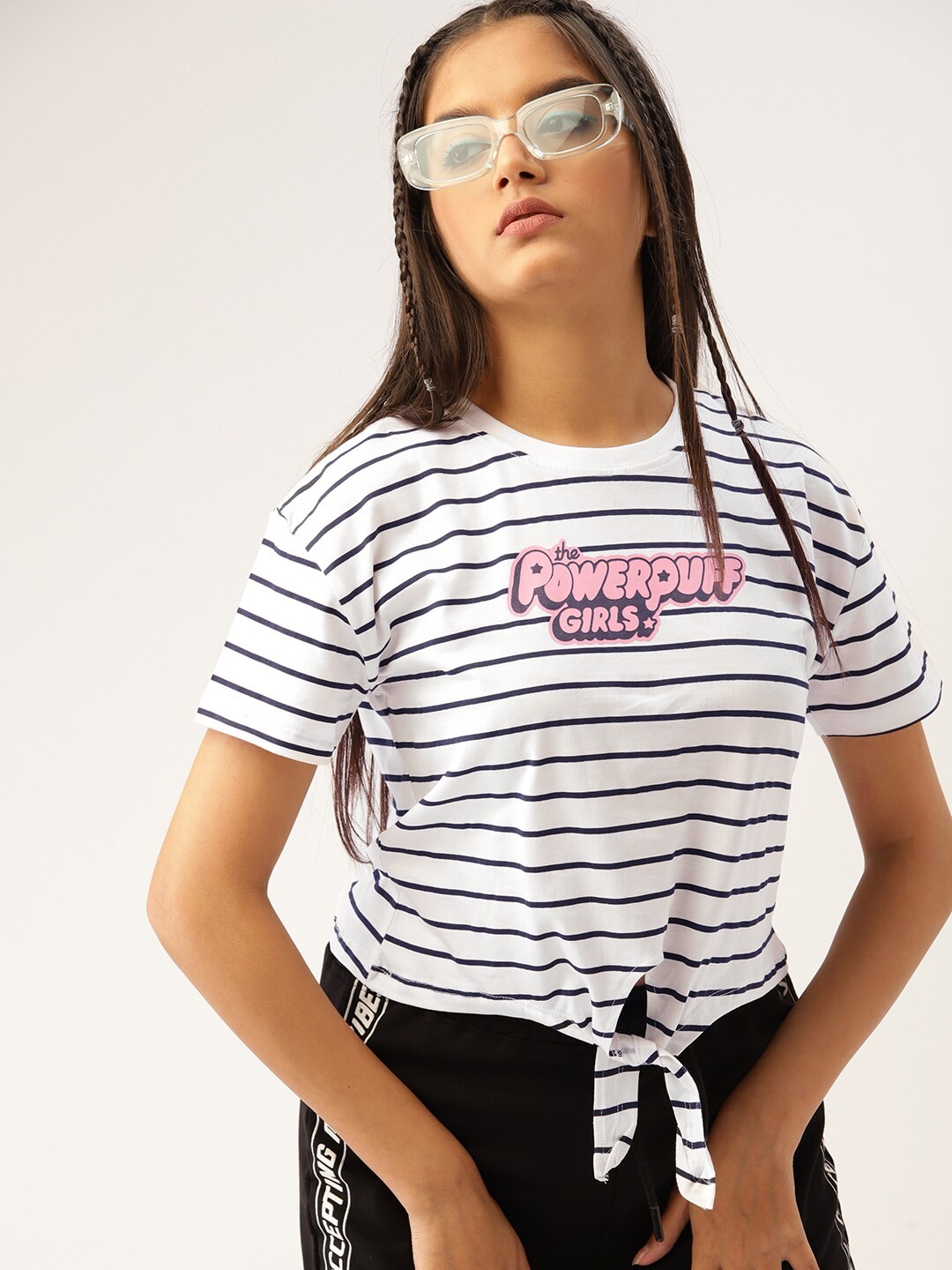 

Powerpuff Girls by Kook N Keech Teens Girls White & Navy Blue Striped Pure Cotton T-shirt