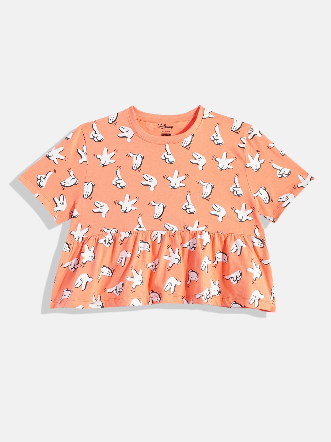 

Kook N Keech Disney Teens Girls Orange & White Mickey Mouse Printed Boxy Top