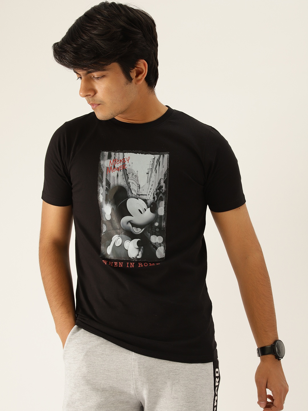 

Kook N Keech Disney Teens Boys Black & Grey Mickey Mouse Printed Pure Cotton T-shirt