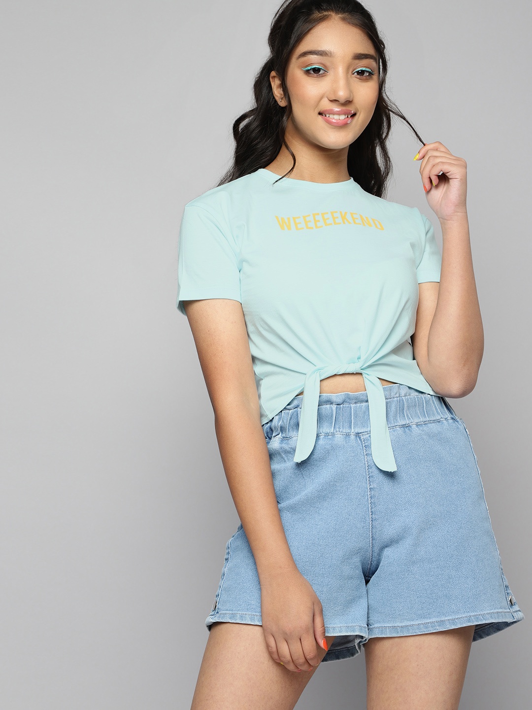 

Kook N Keech Teens Girls Blue Typography Printed Pure Cotton Knotted T-shirt