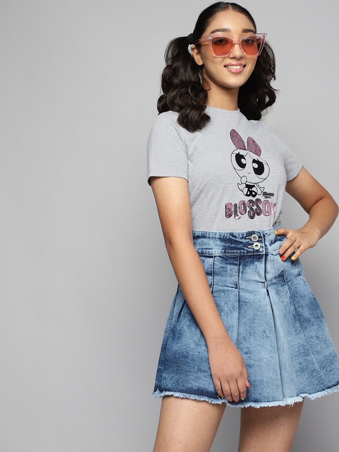 

Powerpuff Girls by Kook N Keech Teens Girls Grey Melange Printed Pure Cotton T-shirt