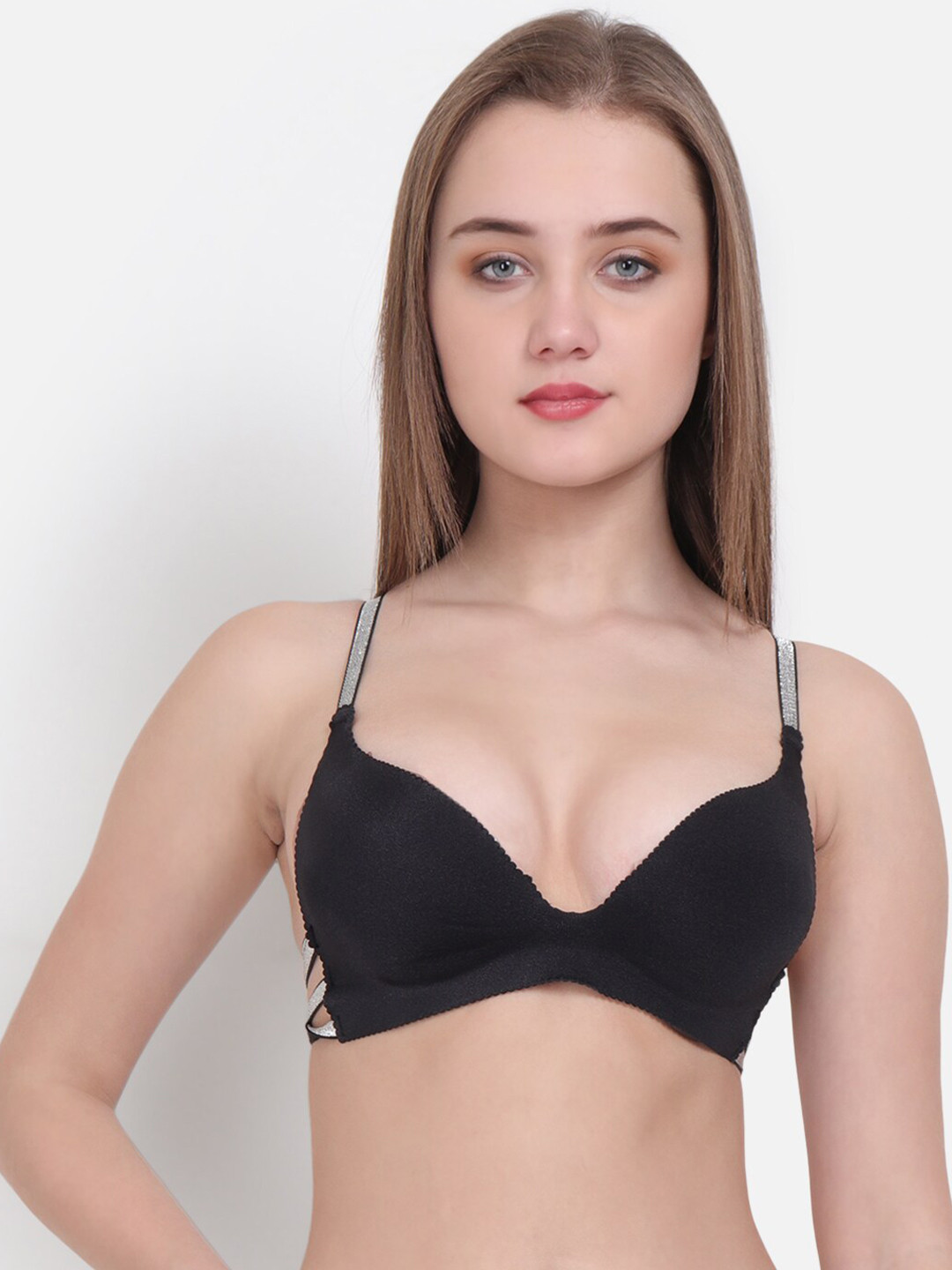 

Lebami Black & Silver Styled Back Lightly Padded Bralette