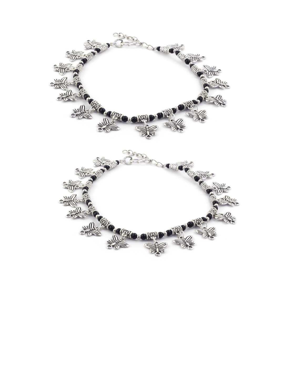 

EL REGALO Set Of 2 Silver-Toned & Black Beaded Anklet