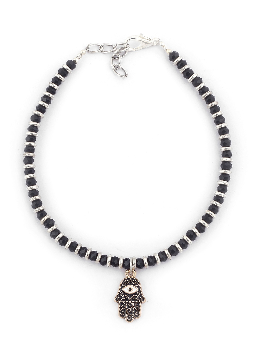 

EL REGALO Black Beaded German Silver Evil Eye Hamsa Anklet