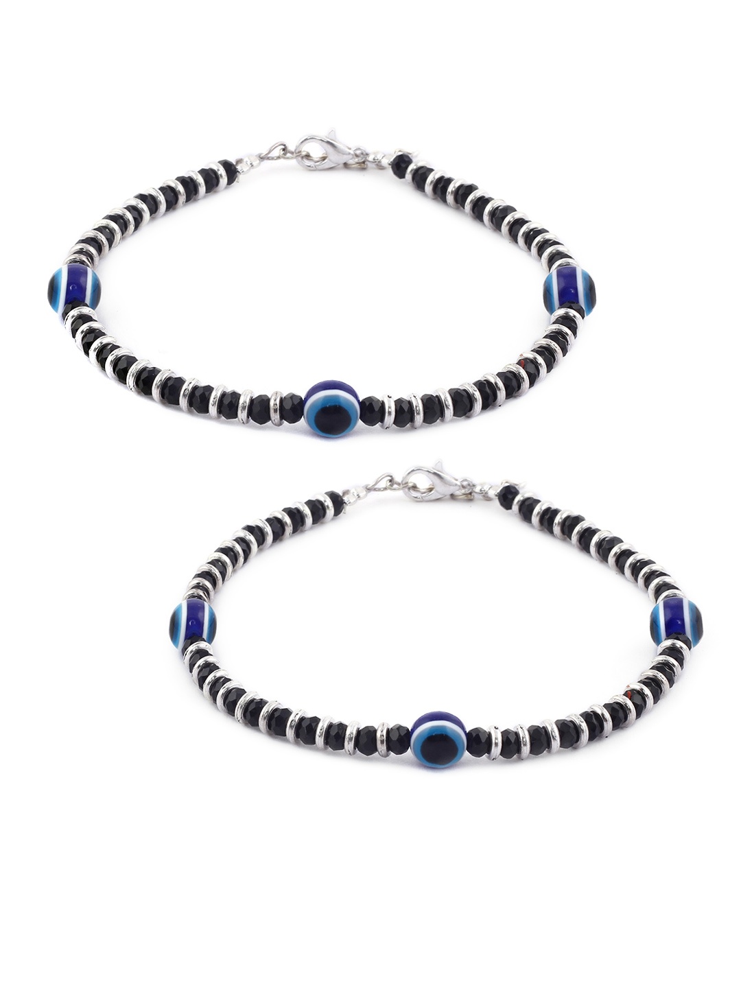 

EL REGALO Set of 2 German Silver Blue & Black Evil Eye Beaded Anklets