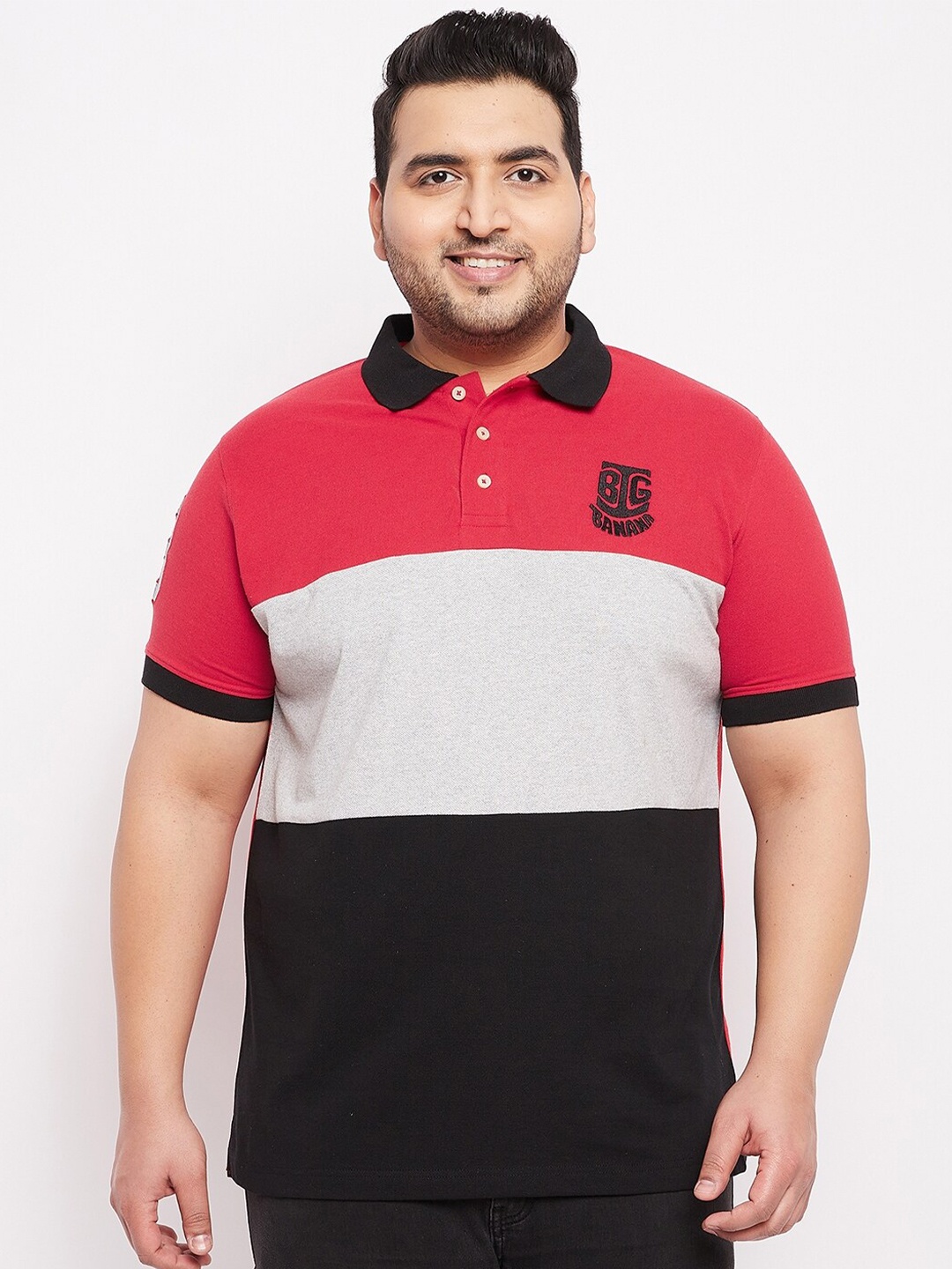 

bigbanana Men Plus Size Red & Black Colourblocked Polo Collar Bio Finish T-shirt