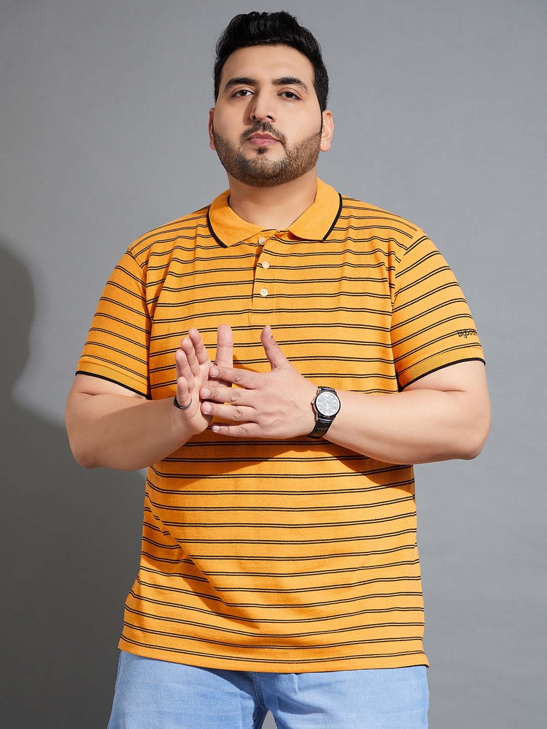 

bigbanana Men Plus Size Yellow Striped Polo Collar Bio Finish T-shirt
