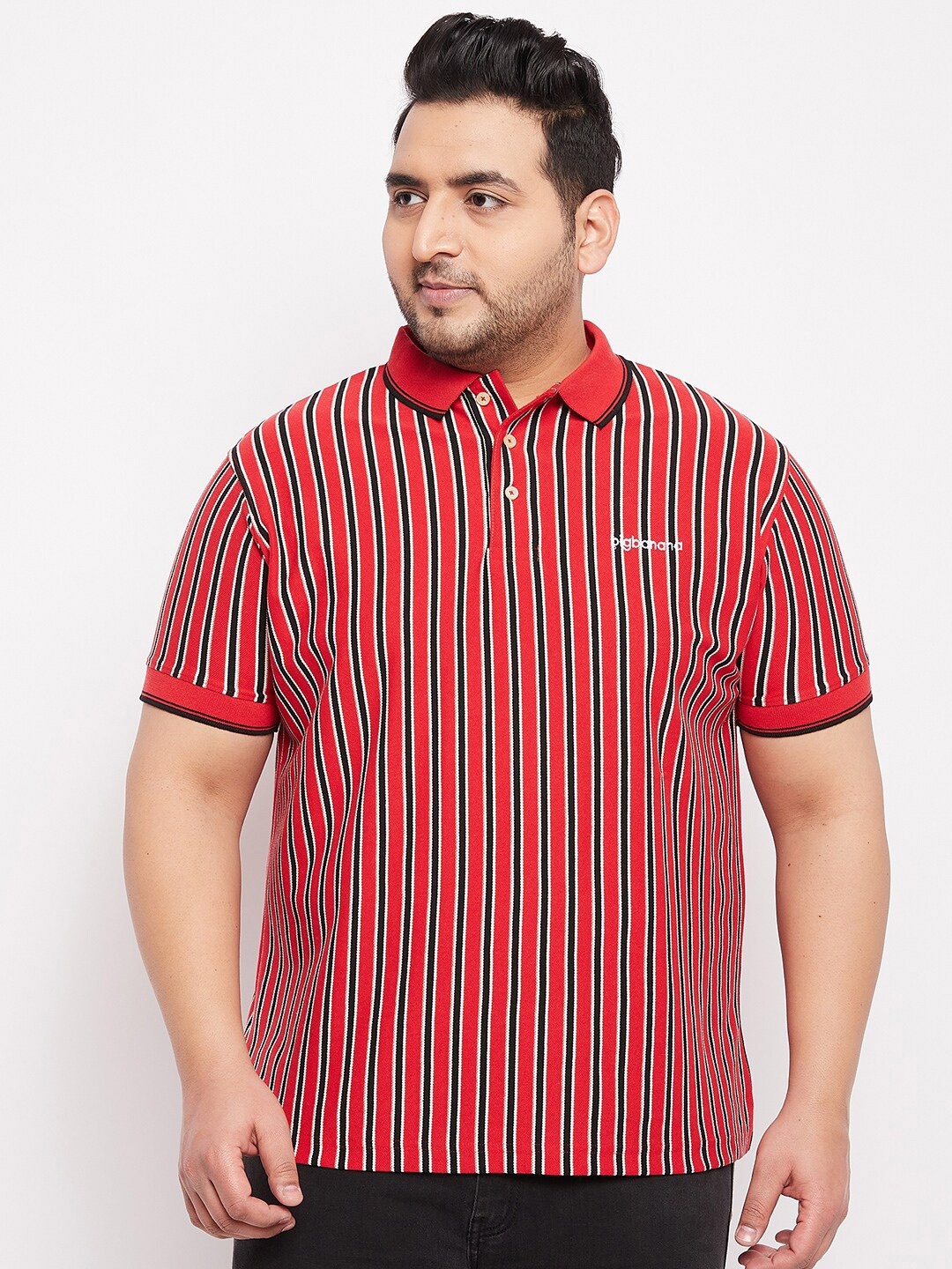 

bigbanana Men Plus Size Red & Black Striped Polo Collar Bio Finish T-shirt