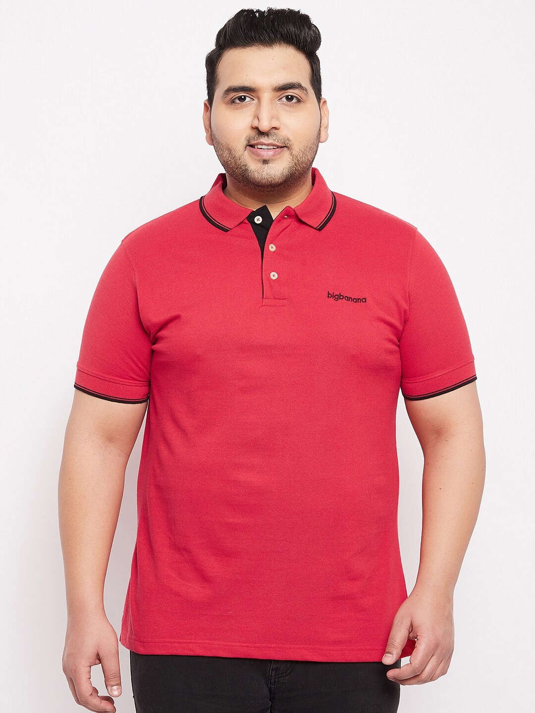 

bigbanana Men Plus Size Red Polo Collar Bio Finish T-shirt