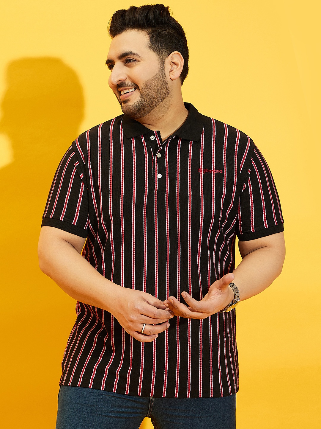 

bigbanana Men Plus Size Black Striped Polo Collar Bio Finish T-shirt
