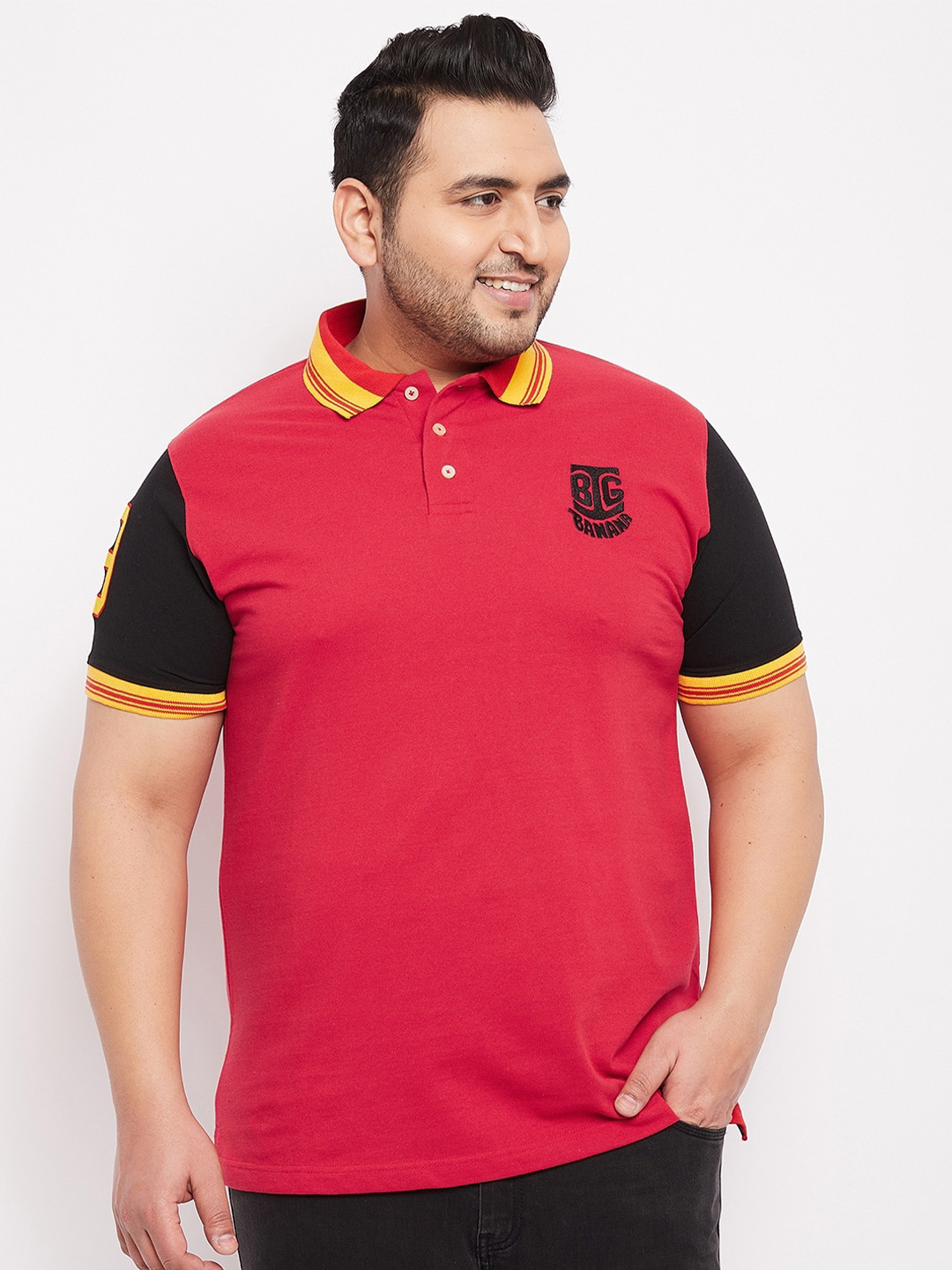 

bigbanana Men Plus Size Red & Black Colourblocked Polo Collar Bio Finish T-shirt