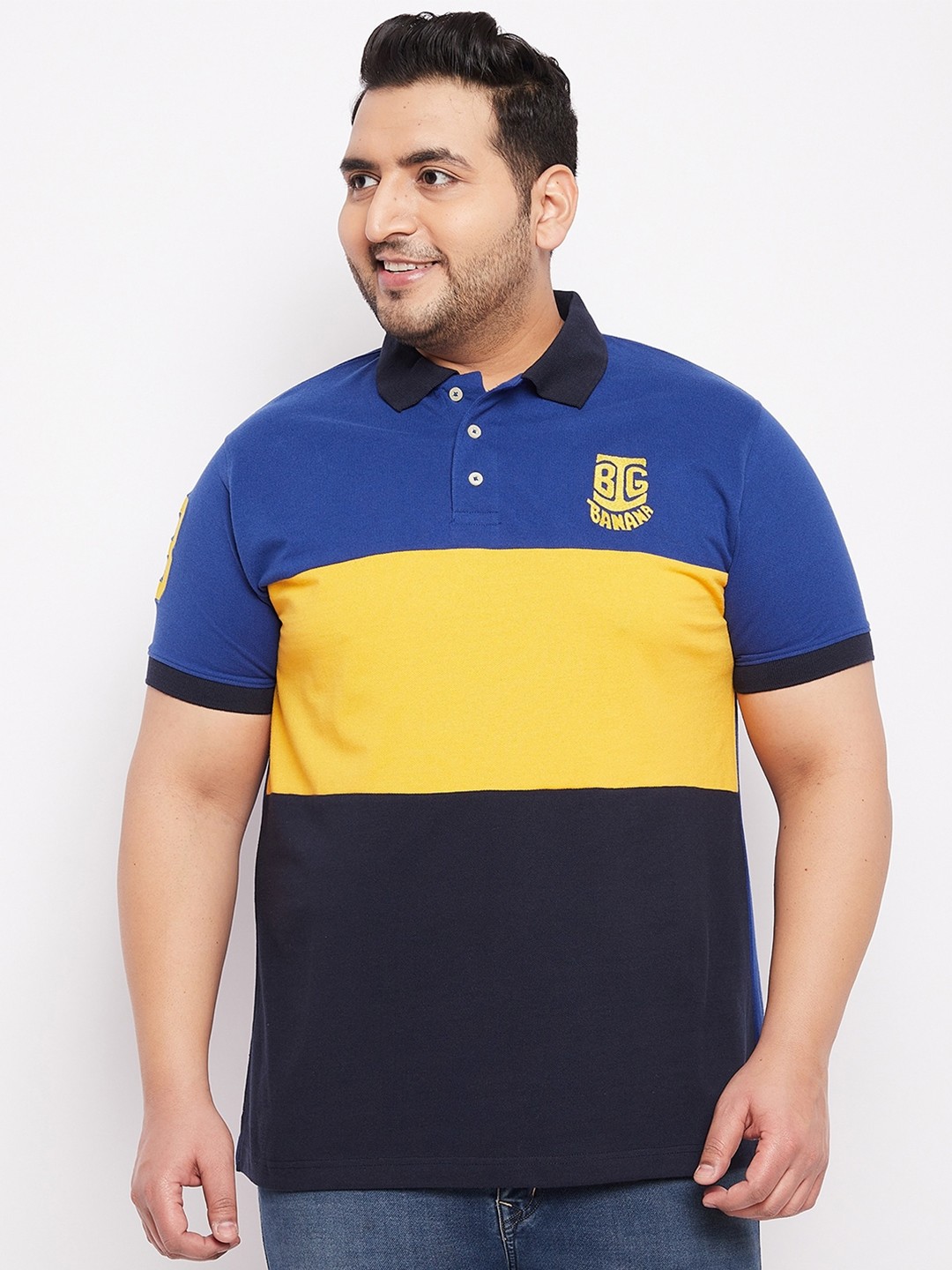 

bigbanana Men Plus Size Blue & Yellow Colourblocked Bio Finish T-shirt
