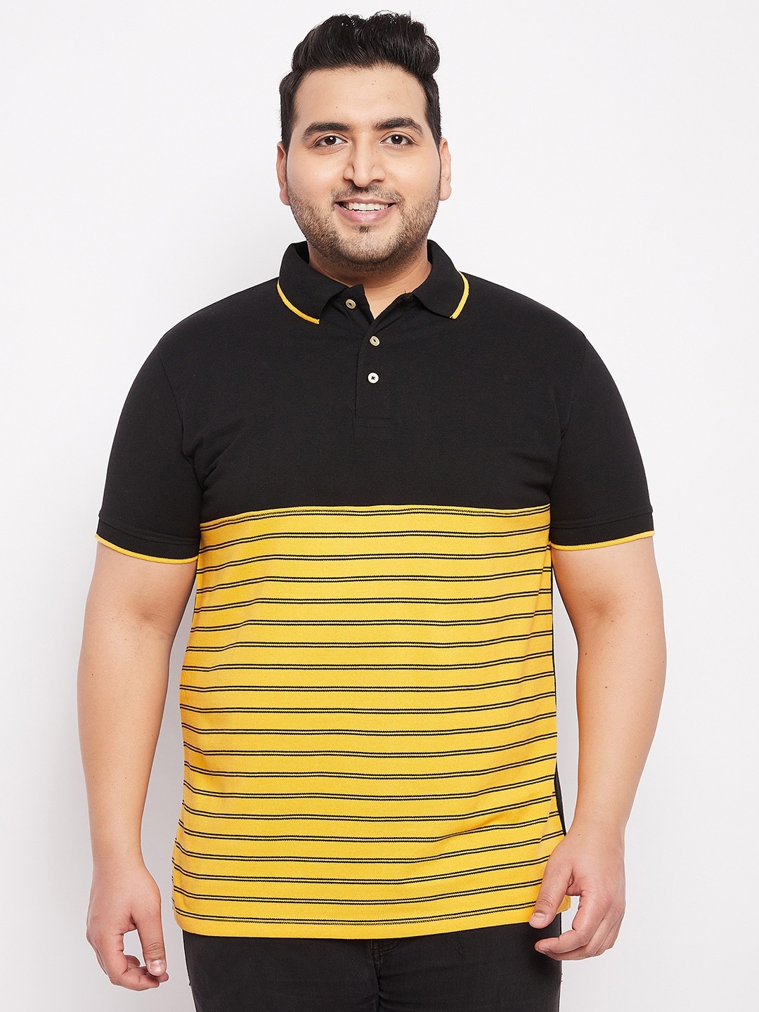 

bigbanana Men Plus Size Black & Yellow Striped Polo Collar Bio Finish T-shirt