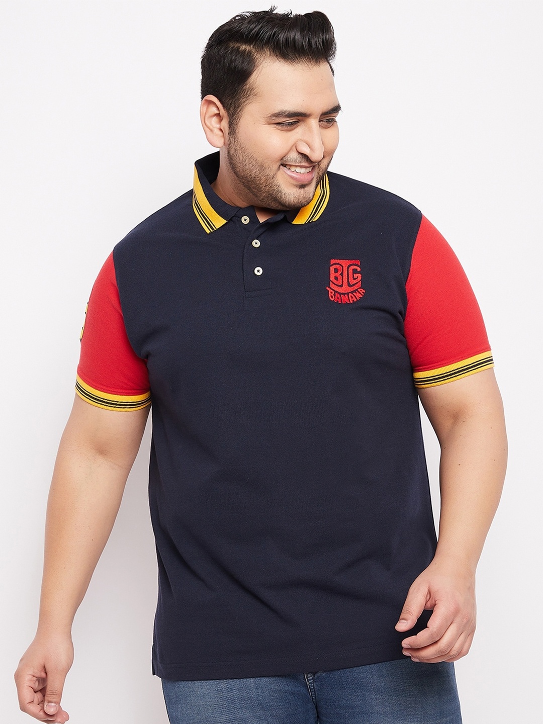 

bigbanana Men Plus Size Navy Blue Polo Collar Bio Finish T-shirt