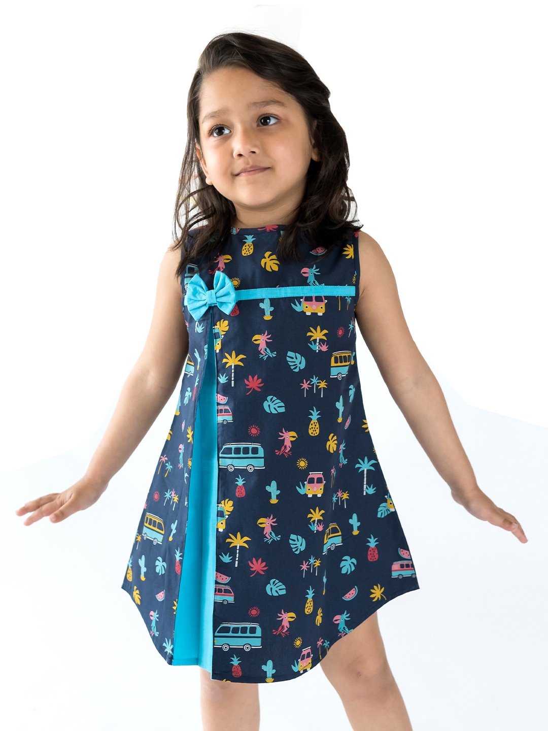 

Campana Navy Blue Floral A-Line Dress With Bow