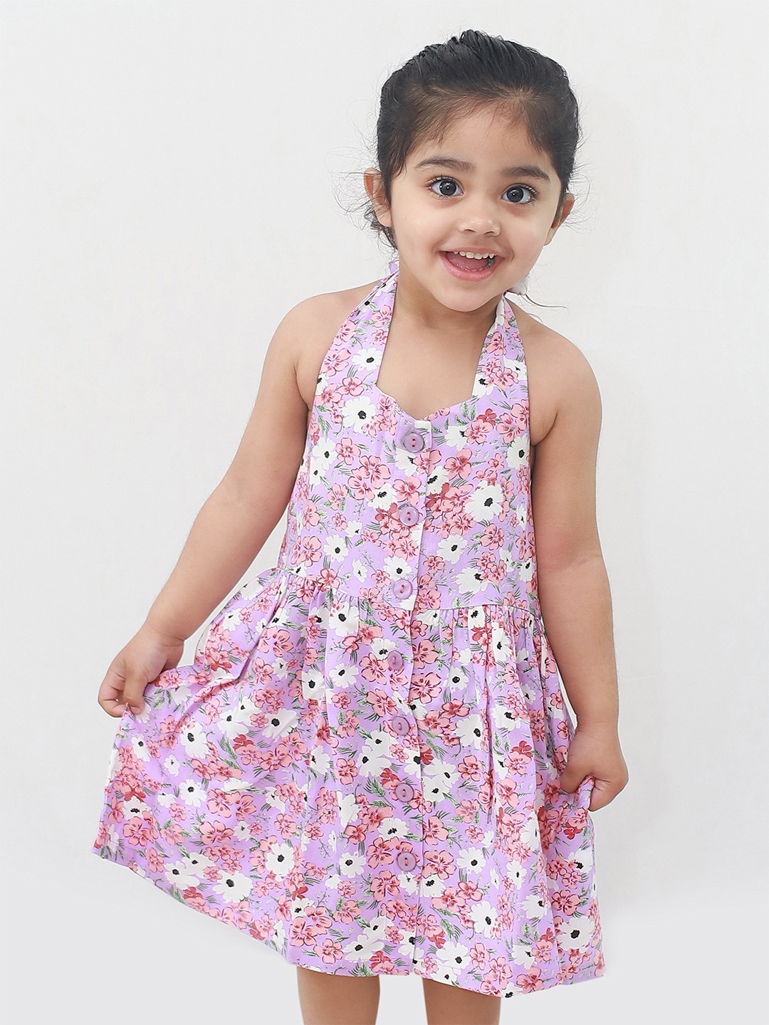 

Campana Purple & White Floral Halter Neck A-Line Dress