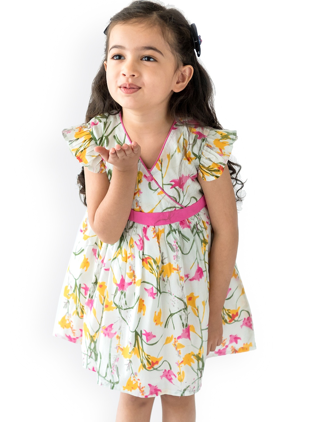 

Campana Girls White & Pink Floral Flutter Sleeves Cotton Dress