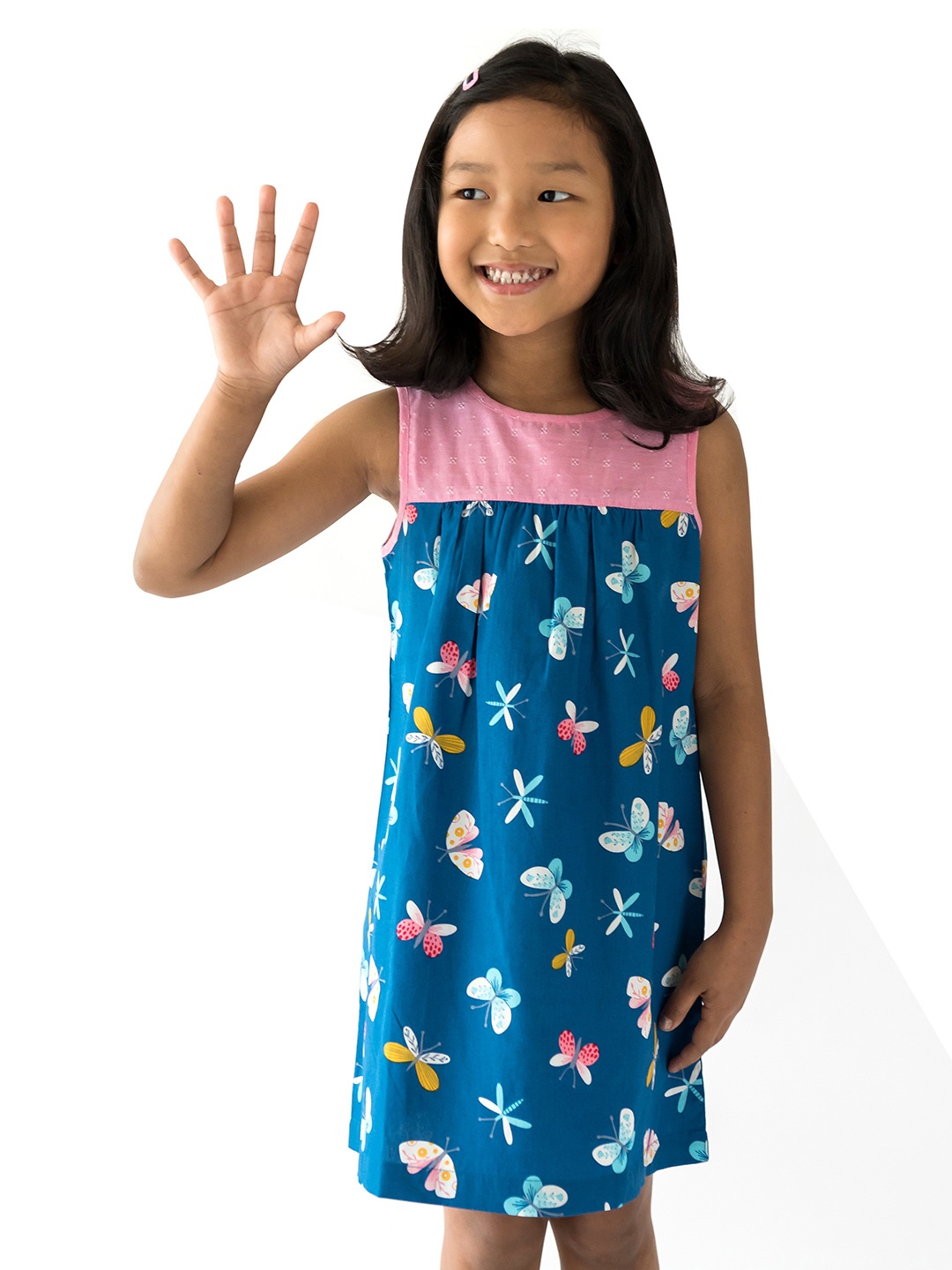

Campana Blue & Pink A-Line Dress With Contrast Yoke Detail