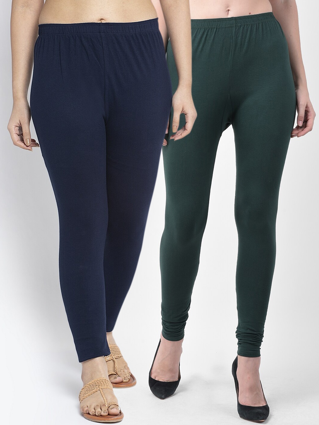 

GRACIT Women Pack of 2 Green & Navy Blue Solid Leggings