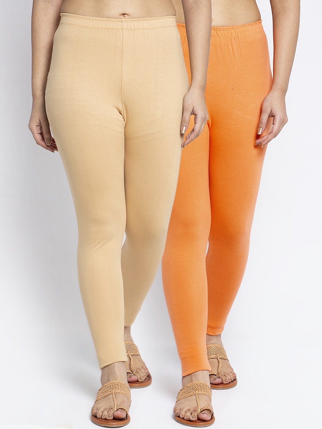 

GRACIT Women Pack Of 2 Beige & Orange Solid Ankle-Length Leggings