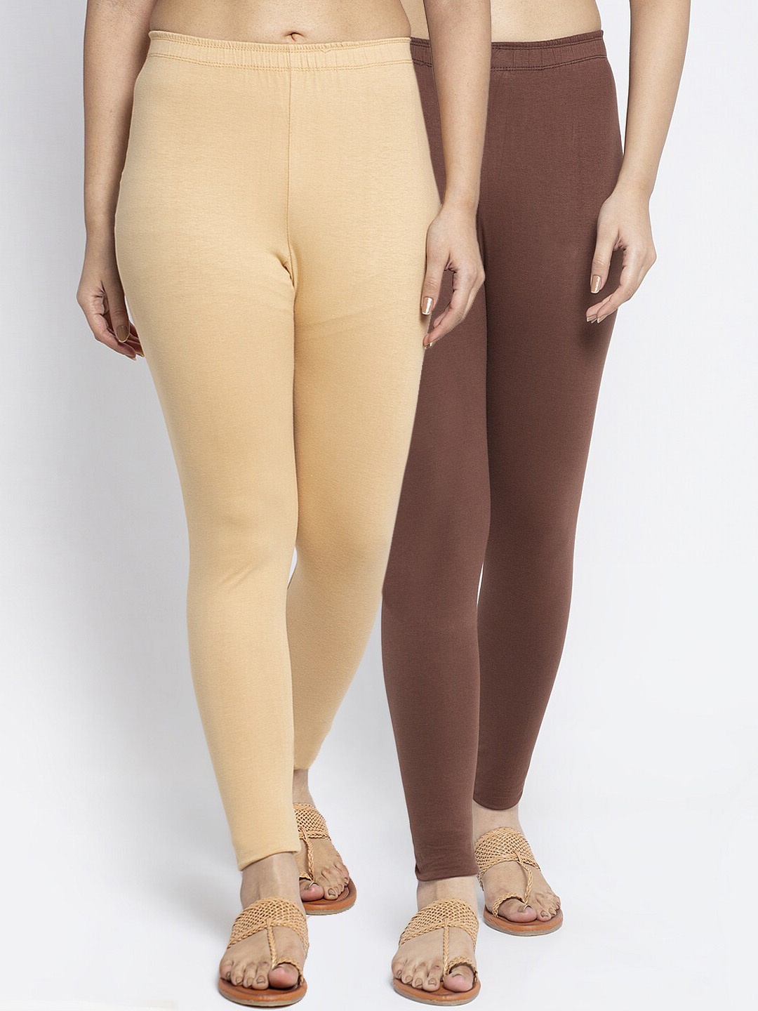 

GRACIT Women Pack of 2 Solid Ankle-Length Leggings, Beige