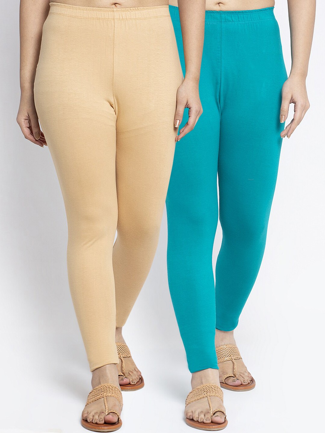 

GRACIT Women Pack of 2 Solid Ankle-Length Leggings, Beige