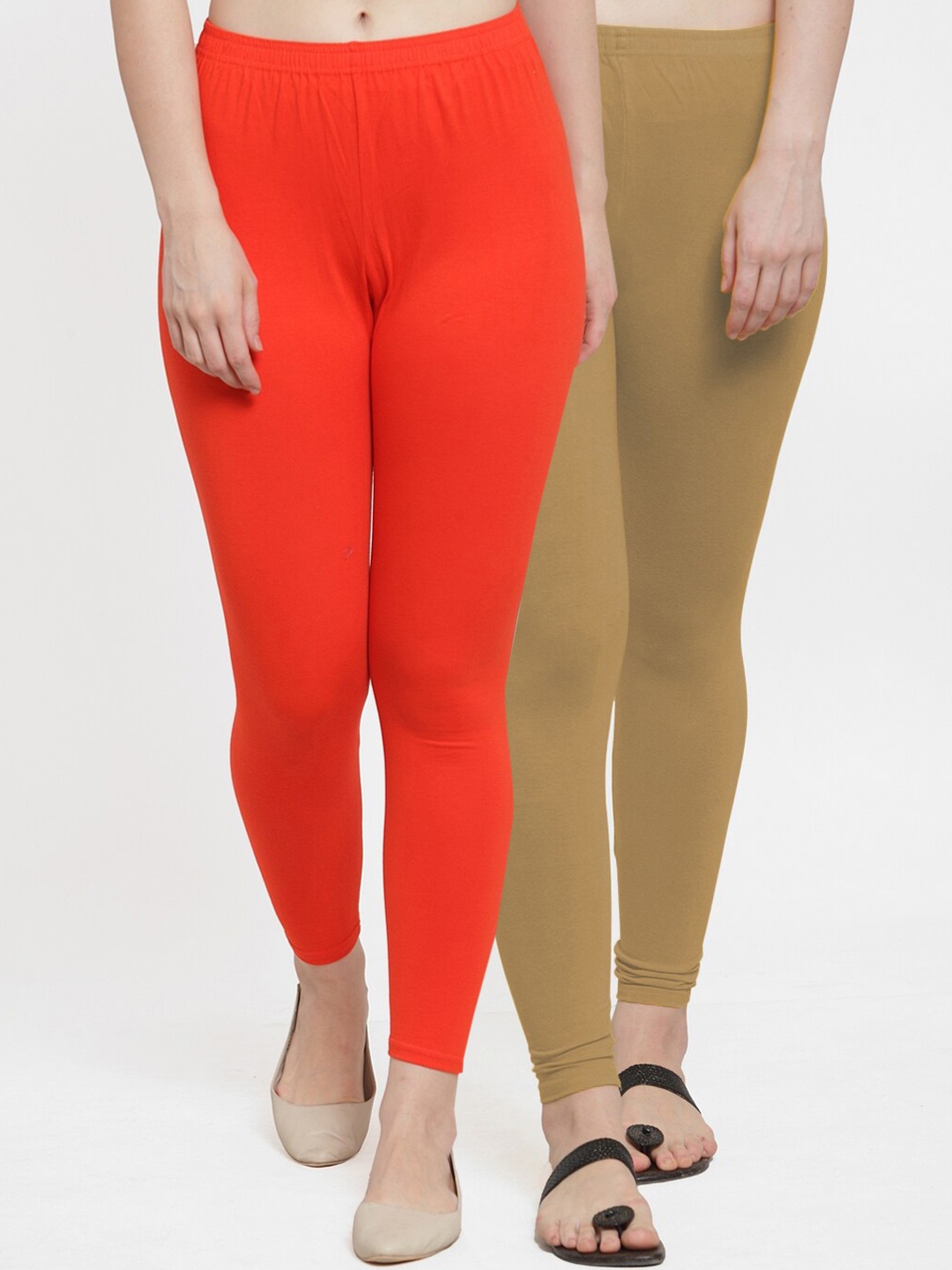 

GRACIT Women Pack Of 2 Orange & Beige Solid Ankle-Length Leggings